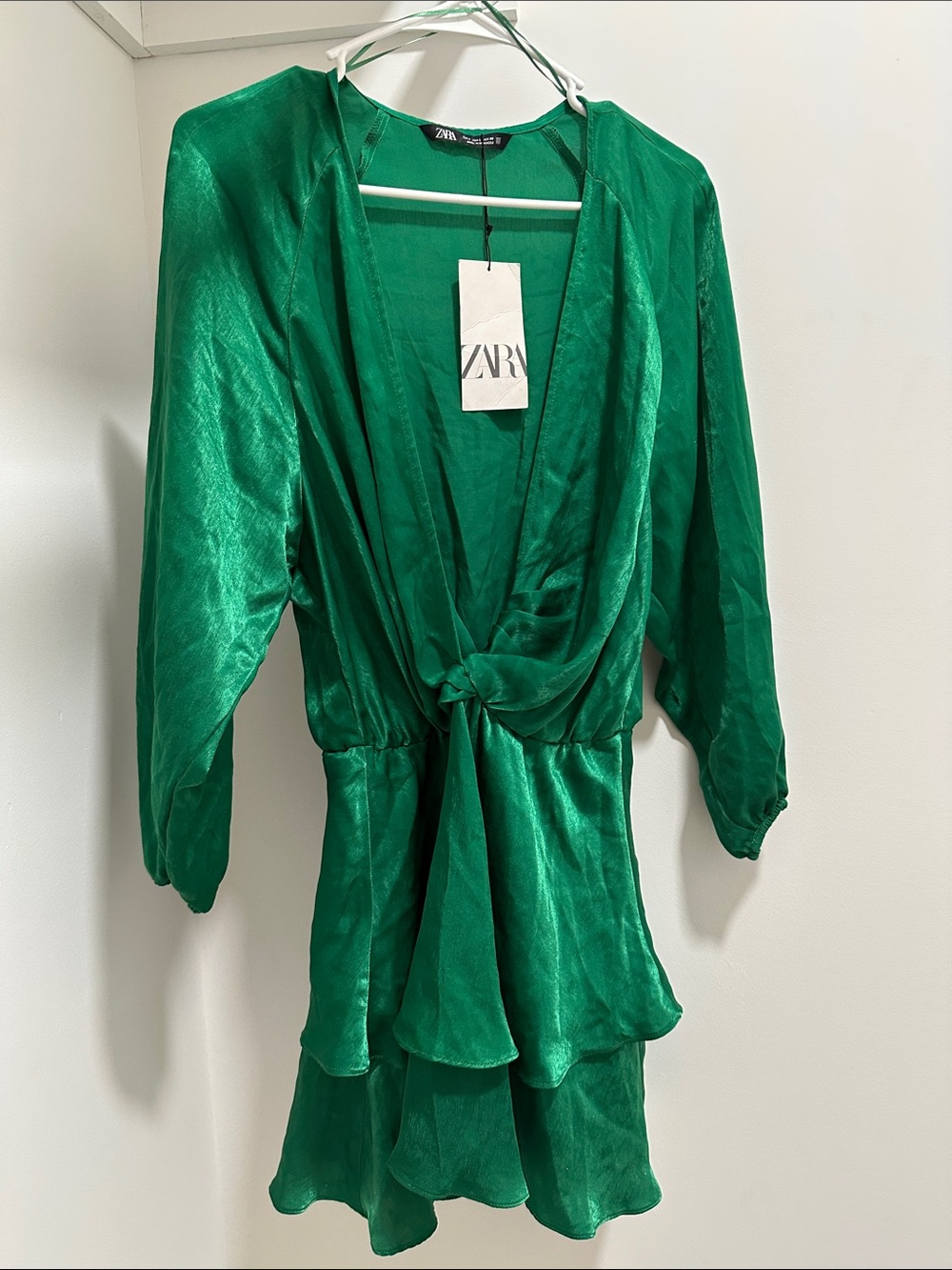 ZARA Green Satin Tie-Front Mini Dress